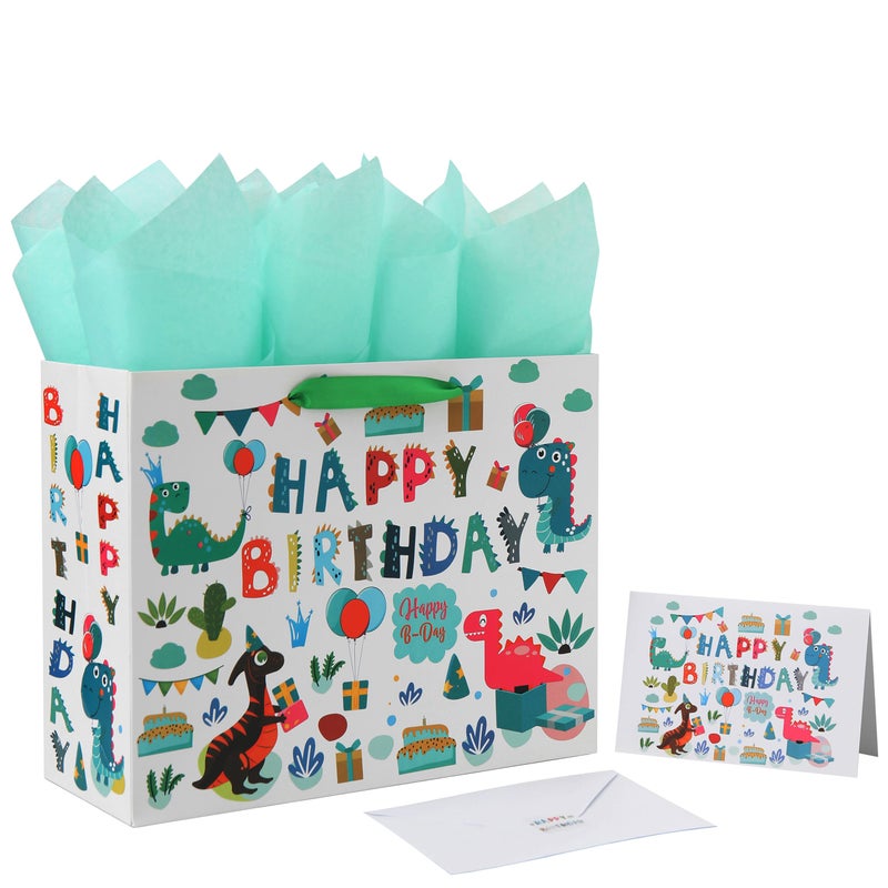 Qirrmiy 13"" Large White Gift Bag Set with Greeting Card and Tissue Paper (Green Dinosaur Design and Happy Birthday) for Boys  Girls  Kids Party  Baby Showers - Image 1